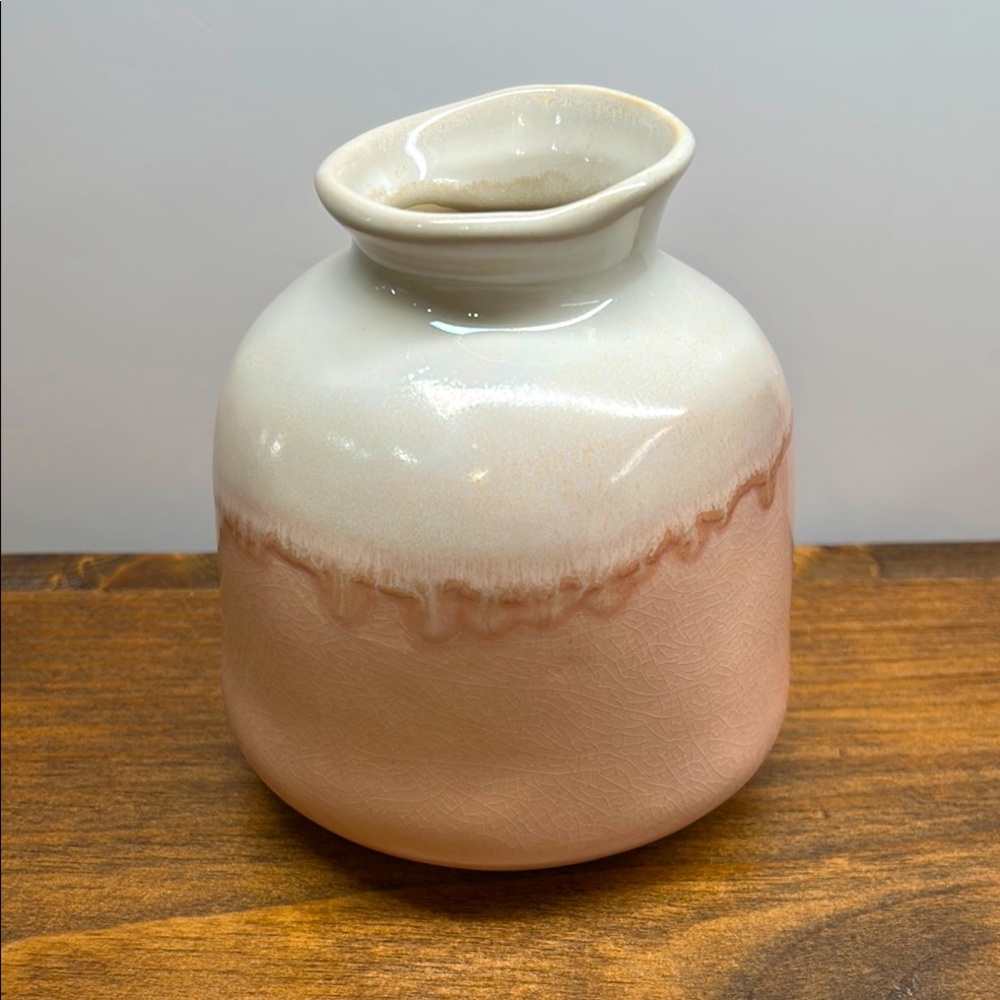 💕 Boho Style Pink & Cream Ceramic Vase With Crackle Drip Glaze Style Finish